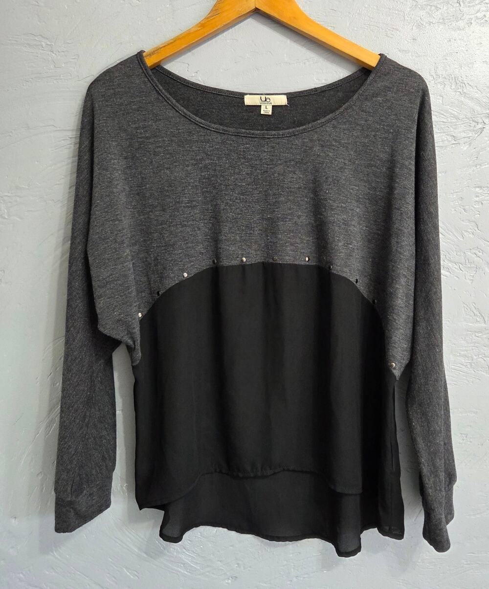 Ya LOSANGELES Woman's Grey Black Long Sleeve Half Sheer Top Size L